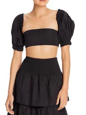 WeWoreWhat Coco Crop Bra Top Smocked Puff Sleeve Bandeau Black Size Small